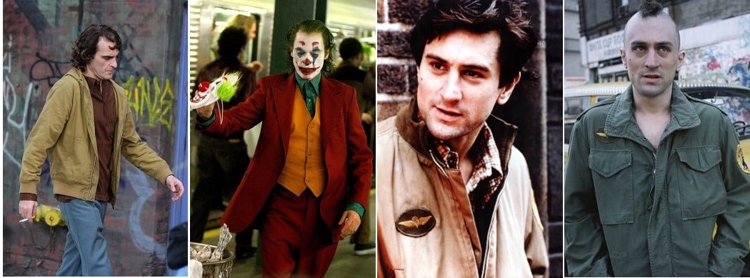 Joker und Taxi Driver: Zwei Filme, zwei Mörder. Warum wir nur mit einem mitleiden Vergleich Joker und Taxi Driver: Die optische Veränderung von Arthur Fleck zum Joker und von Travis Bickle zum Killer mit Irokesenschnitt dargestellt in vier Bildern.