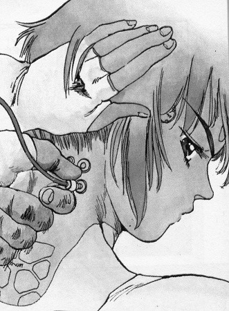 Gefälschte Erinnerungen: Gedächtnismanipulation in modernen Dystopien Major Kusanagi aus Ghost in the Shell setzt sich einen Nackenstecker ein. Ob der Manga als Dystopie zu werten ist, ist strittig.