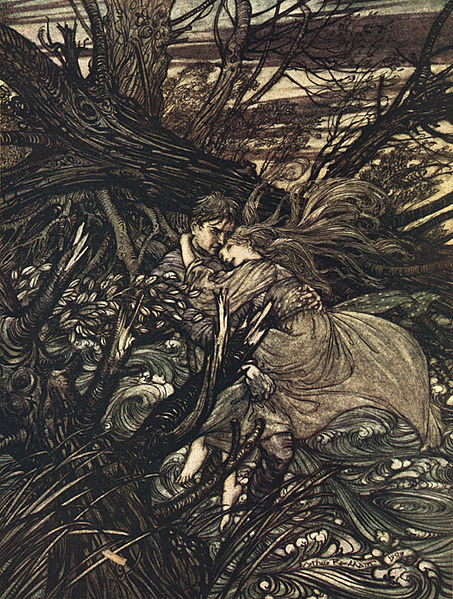 Undine: Vom Wassergeist zum Weibe Undine liegt in einem Wald in Ritter Huldbrands Armen