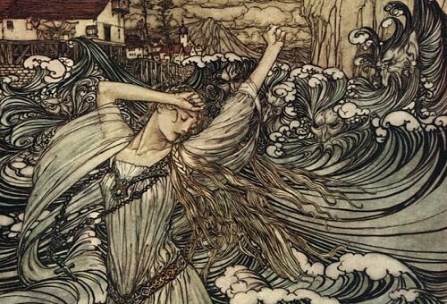 Undine: Vom Wassergeist zum Weibe Undine in tosendem Wasser, gezeichnet von Arthur Rackham