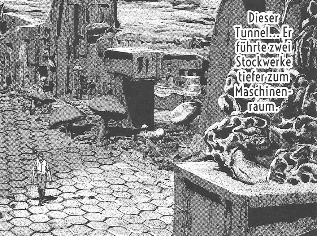 Peaslee durchstreift in Gou Tanabes Manga "Der Schatten aus der Zeit" die Stadt der großen Rasse von Yith.