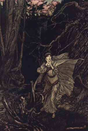 Bertalda aus dem Märchen "Undine" rennt voller Angst durch einen verwunschenen Wald.