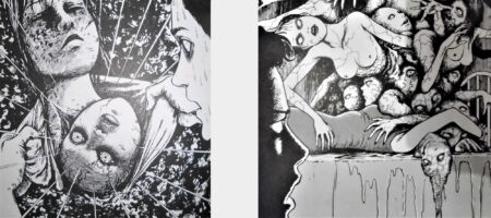 Rezension: Junji Itōs "Tomie" Zwei Bilder einer schwer verletzten und einer ermordeten Tomie, aus der neue Tomies heranwachsen.