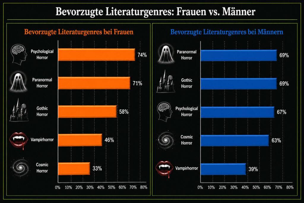 Die Literaturvorlieben von weiblichen und männlichen Horrorfans als Balkendiagramm dargestellt.