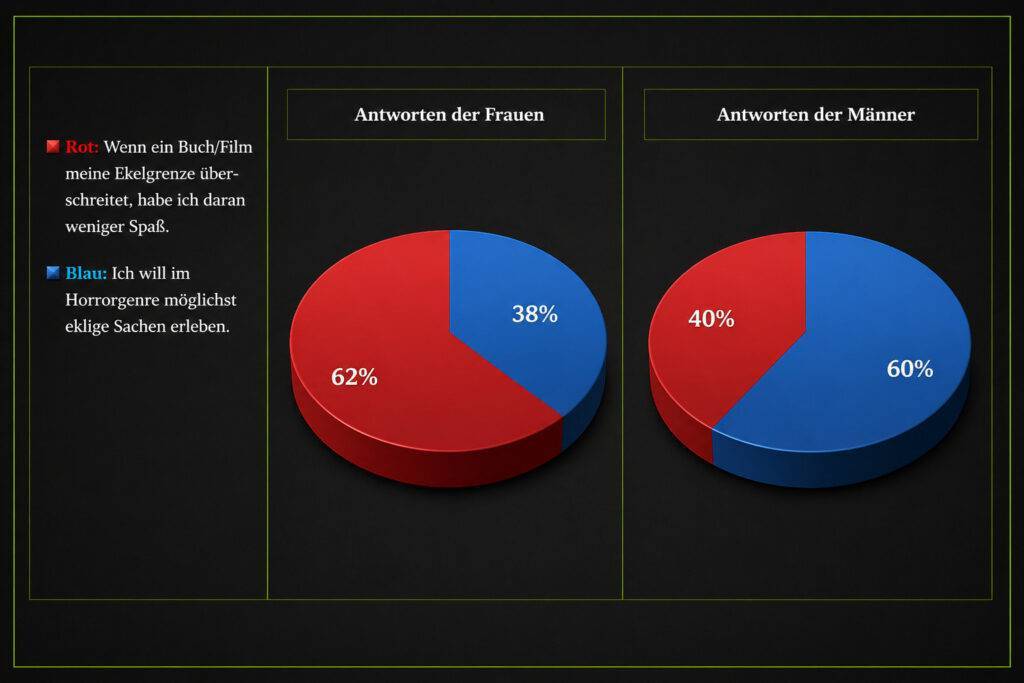 Zwei Kuchendiagramme, die die unterschiedlichen Ekelgrenzen von Frauen und Männern bei Horrorpublikationen darstellen: 62 Prozent der Frauen lehnen zu ekligen Horror ab, aber nur 40 Prozent der Männer.
