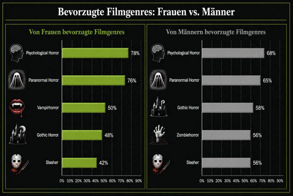 Die Filmvorlieben von weiblichen und männlichen Horrorfans als Balkendiagramm dargestellt.