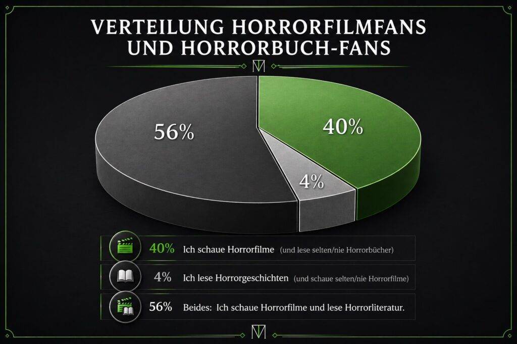 Kuchendiagramm, das zeigt, wie viele Horrorfans Bücher lesen, wie viele nur FIlme schauen und wie viele beide Medien genießen.