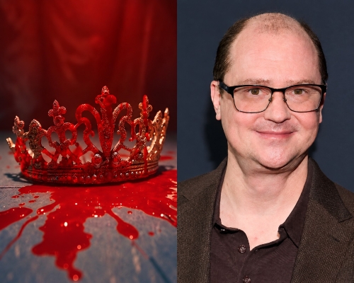 Mike Flanagan über die neue Carrie-Serie Blutverschmierte Krone aus „Carrie“ neben einem Porträt des Regisseurs Mike Flanagan.